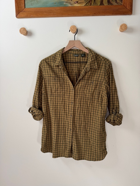 Eddie Bauer Tops - Eddie Bauer Olive Green Gingham Button-Up Shirt